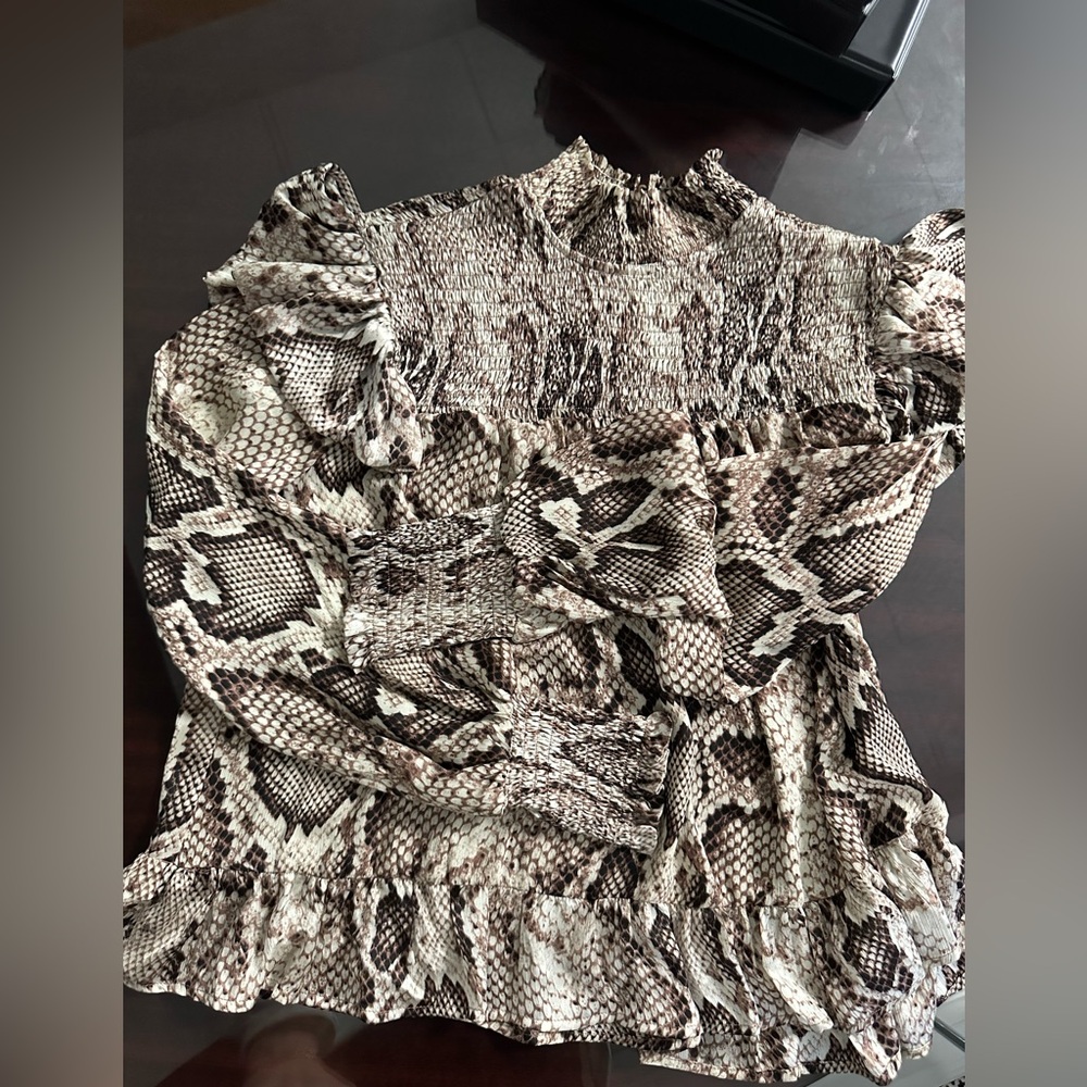 Mockneck Snake Print Ruffle Blouse Size Small with Ruffle & smocked detailing